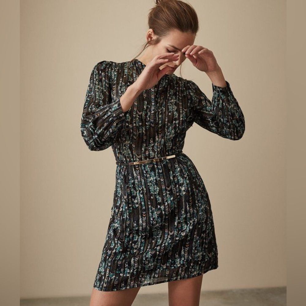 REISS Miriam Printed Shift Long Sleeve Mini Dress  in Multi 2 NWOT
